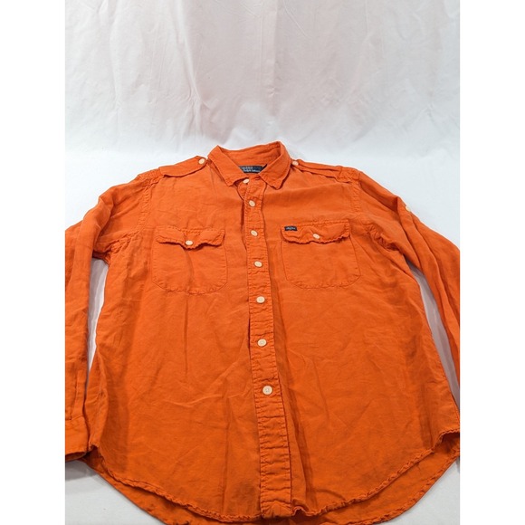 Vtg Polo Ralph Lauren Mens Size Large Safari Field Work Shirt Orange Linen Silk - Picture 3 of 9